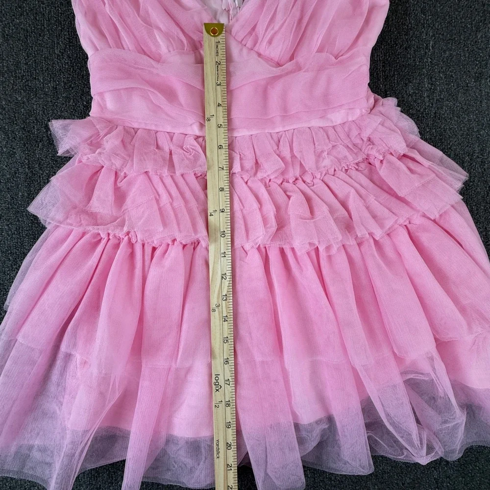 Lulus Pink Tulle Mini Dress Ruched V-Neck Tiered Ruffle Party Dress Womens Med - Picture 6 of 12